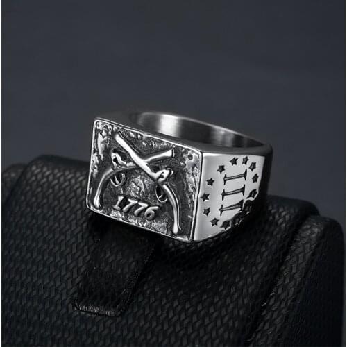 316 Stainless Steel Antique Color 1776 Double Gun Flag Star Ring for BIkers Men Women