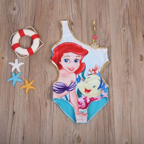 One-piece Little Girl Cartoon Mermaid Floral Swimsuit One-shoulder Swimwear Swimsuits Kids Beachwear Swimwear Swimmable Clothing