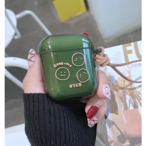 For AirPods 1 2 3 Case Good Luck Green Soft Silicone Smiley Face Pattern for AirPods Pro Case Wireless Bluetooth Headset Case