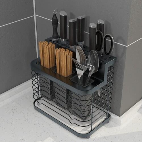 Black 304 Stainless Steel Stand Wall Mounted Kitchen Storage Rack Knife Holder Cutlery Box Organizer Container Accessories