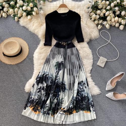 Elegant Dress Summer New Design Fake Two Piece Knitted Short Sleeve Stitching Pleated Printed Long Dress Female Midi Robe zh1437