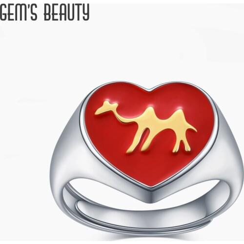 GEMS BEAUTY 18K White Gold Filled 925 Sterling Silver Adjustable Ring Enamel Camel Red Heart Ring For Women Fine Jewelry