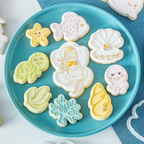 Cake Decoration Tool Ocean Mermaid Shell Seahorse Cookie Cutters Cake Press Stamp Embosser Cutter Acrylic Fondant Sugar Craft