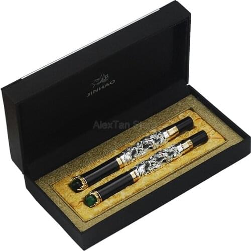 Jinhao Brand New Dragon King Vintage Fountain Pen & Rolllerball Pen Green Jewelry Metal Embossing Silver Color With Gift Box