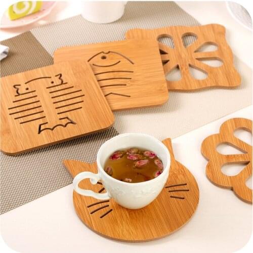 Cute Cat Fish Cup Pad Tea Coffee Cup Mat Hollow Out Wooden Carved Coasters Bowl Pad Placemat Kitchen Accessories