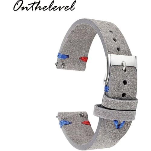 Handmade Leather Comfort Gray Suede Strap 18mm/20mm/22mm Stainless Steel Buckle High Quality Red Blue Line 2018 new