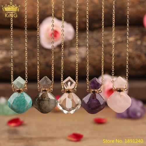 Fashion Women Small White Pink Amethysts Quartz Crystal Essential Oil Diffuser Perfume Bottle Pendant Necklace Jewelry Wholesale