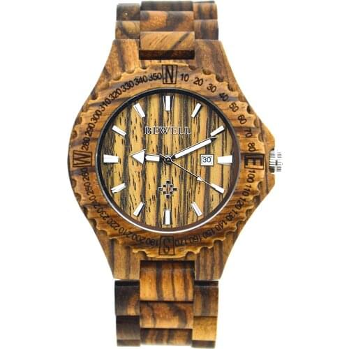 BEWELL W023 Hot Sell Men Wood Watch Quartz Watches Wooden Band Calendar Luxury Male Dress Watch relogio masculino