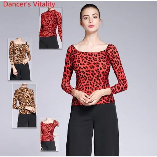 New Modern Dance Wear Adult Women Leopard 2 Type Neck Top Ballroom National Standard Waltz Jazz Dancing Practice Train Clothes