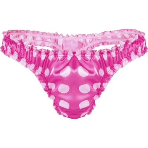 New Sexy Mens Lingerie Panties Soft Satin Polka Dot Ruffled High Cut Low Rise Bikini Sissy Briefs Thong Underwear Underpant