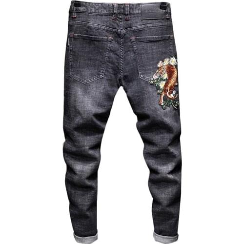 New Streetwear Jeans Homme Pencil Biker Denim Pants Embroidery Skinny Jeans Men