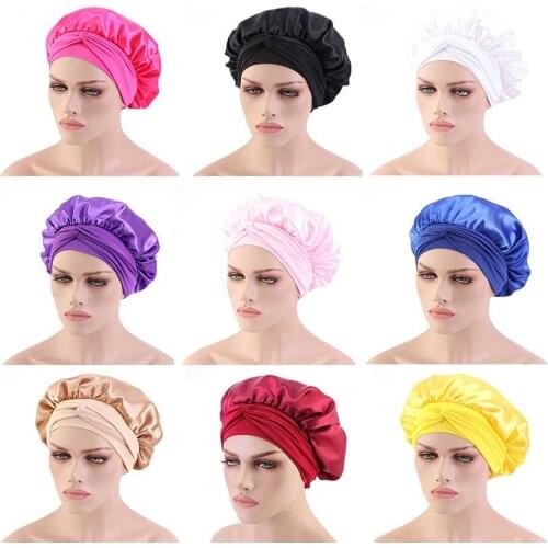 Solid Satin Bonnet with Wide Stretch Ties Long Hair Care Women Night Sleep Hat Adjust Hair Styling Cap Silk Head Wrap Shower Cap