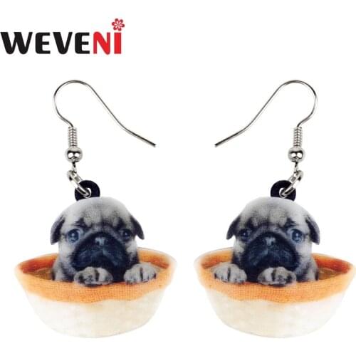 WEVENI Original Acrylic Cute Bowl Pug Dog Earrings Dangle Drop Gift Puppy Animal Jewelry For Women Girls Female Statement Gift