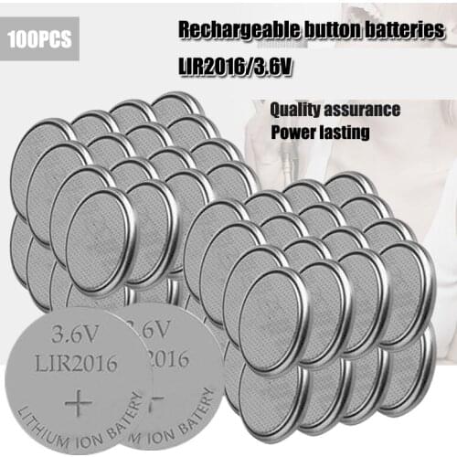 100pcs Original Li-Ion Rechargeable Button Cell Battery 3.6V LIR2016 Recharged 500 Times Instead of Car Keys CR2016 Battery