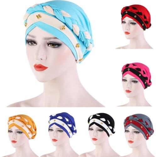 Two-Color Beaded Braid Hijab Caps Muslim Wrap Turban Cap Fashion Inner Hijabs Bonnet Ready To Wear Indian Beanie Islamic Hats