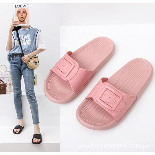 Womens Slippers 2021 New Summer Simple and Cute Square Buckle Slippers One Word Beach Sandals Outside Home