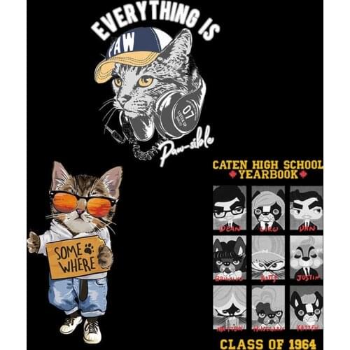 Cool animal Hip hop cat Music Cat heat transfer stickers printed on clothes irons in childrensT-shirt Clothing Accessories