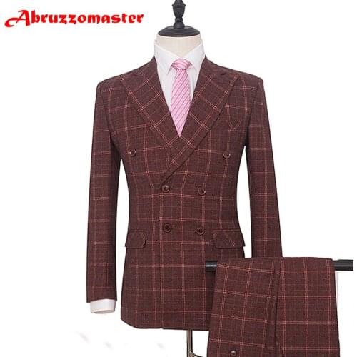 Hot Sale Dinner Suit wine red Wedding suit Double Breasted woolblend Blazer Plaid Suit Groom Tuxedos 2psc Formal Suits
