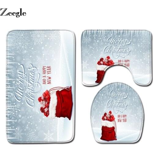 Zeegle Merry Christmas Bath Mat Set Lid Toilet Cover Mat Washable Bathroom Rug Anti Slip Bath Mat Flannel 3pcs Bathroom Rug Set