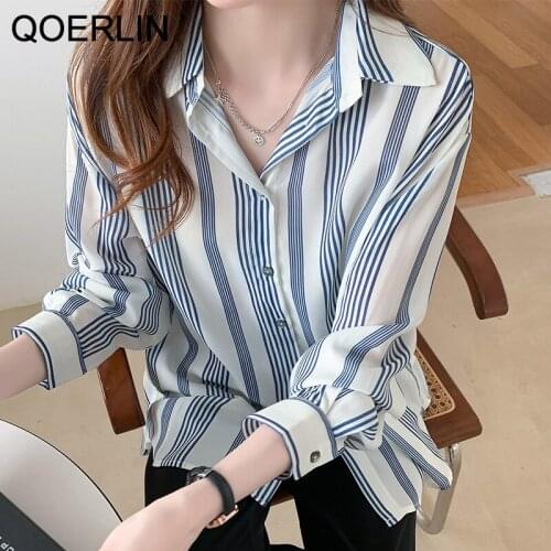 QOERLIN Blue Striped Puff Sleeve Female Blouse Casual Turn-Down Collar Full Sleeve Women Shirt Elegant Office Blouse Plus Size