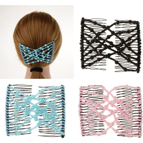 Womens Double Magic Hair Comb Detangling Beads Elastic Clip Stretchy Hair Combs Clips Styling Tools Accessories