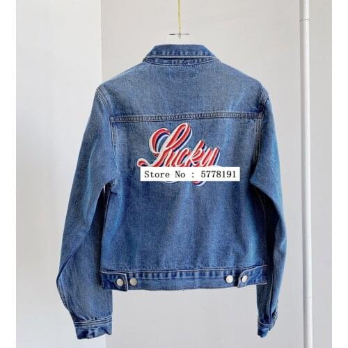 Woman Washed Denim Cropped Jacket Long Sleeves back letter Embroidered Chest Pockets Fashion Jeans Coat