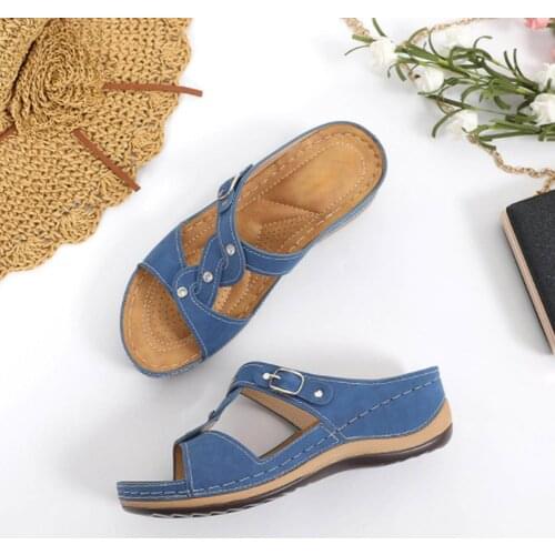 Womens Open Toe Breathable Pu Anti-slip Beach Sandals Low Heel Vintage Slipper Loafers Lady Casual Wedges Sandal Shoes