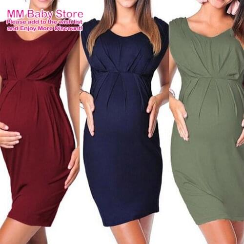 Womens Solid Maternity Dresses Maternity Clothes Summer Crew Neck Solid Sleeveless Loose A-Line Skirts Dress For Pregnant Women