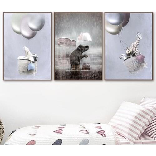 Animal Bear Giraffe Rainy Day Elephant Canvas Poster Nursery Wall Art Print Painting Nordic Picture Children Bedroom Decoration