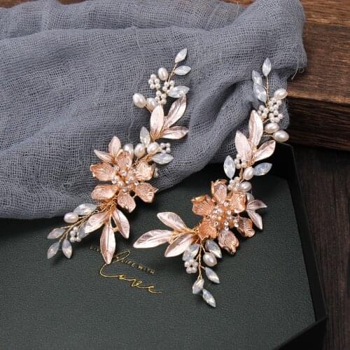 2 Pcs Pearls Gold Hairgrips Wedding Handmade Hair Sticks Flower Crystal Hair Accessories Bridal Women Hair Jewelry Headpiece