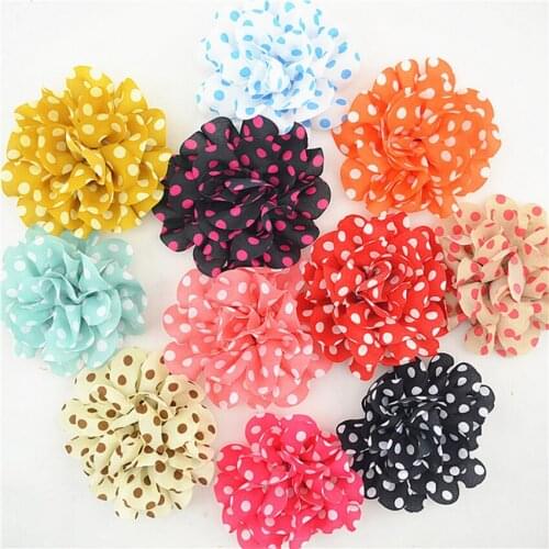 20pcs 10Colors 10cm Hot Sale Polka Dot Chiffon Rosette Flower DIY Boutique Hair Accessories Fabric Floral for Head wear No Clip