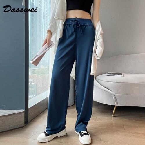 DASSWEI 2021 Summer Ice Silk Wide Leg Pants Women Casual Elastic High Waist Loose Long Straight Trousers Female Elegant Pants OL