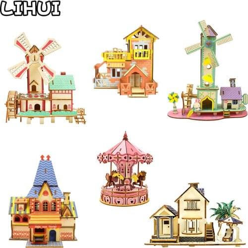 3D Wooden Puzzle Toys for Children DIY Assembly House Model Kit Wooden Puzzles for Kids Educational Toy Jigsaw Architecture Gift