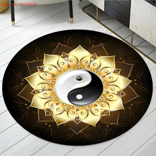 Exotic Decor Round Rugs Yin and Yang 3D Print Carpet Black Golden Lotus Area Rug Anti Slip Bathroom Mat Bohemian Mandala Rugs