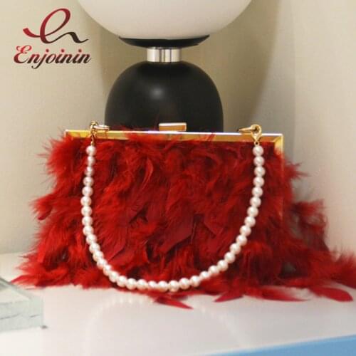Elegant Feather Party Evening Bag Pearl Handle Chain Clutch Bag for Women Purses and Handbags Red Shouldr Bag Crossbody Bag 2021