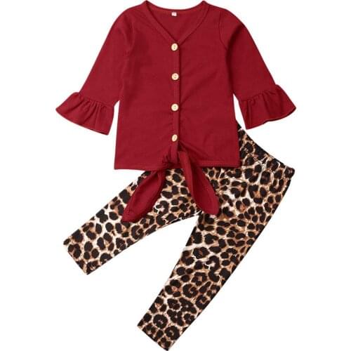 Childrens Sets 2PCS Clothes Set Baby Girls Lama Sleeve Solid Color Button Top+Leopard Elastic Waist Pants Outfit for 1-6T