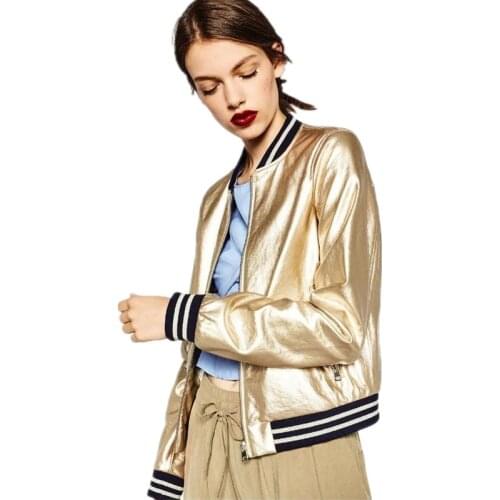 Spring Cool Fashion Gold PU Leather Jacket Female Bomber Coat Stand Collar Striped Patchwork Silver Womens Jackets Streetwear