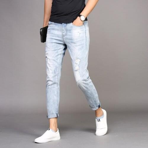 Summer Stretch Ripped Jeans Men Light Blue Slim Fit Ankle-Length Pants Fashion Streetwear Thin Denim Trousers