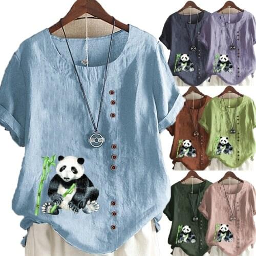 Summer Fashion Womens Top Casual Printing Loose T-shirt Retro Cotton and Linen Round Neck Plus Size Short Sleeve S-5XL