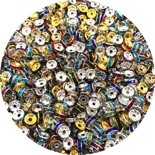 50pcs 8MM Metal Silver Plated Crystal Rhinestone Rondelle Spacer Beads For DIY Jewelry Making Accessories Supplie