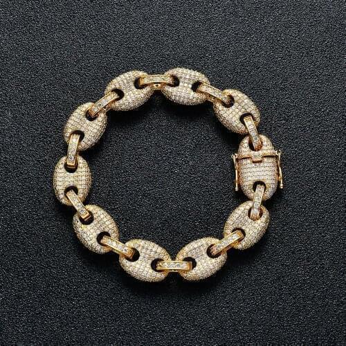 Mens 12MM Copper Coffee Bean Chain Iced Crystal AAA+ Cubic Zirconia Chain Bracelet Gold Hip Hop Jewelry for men women Homme