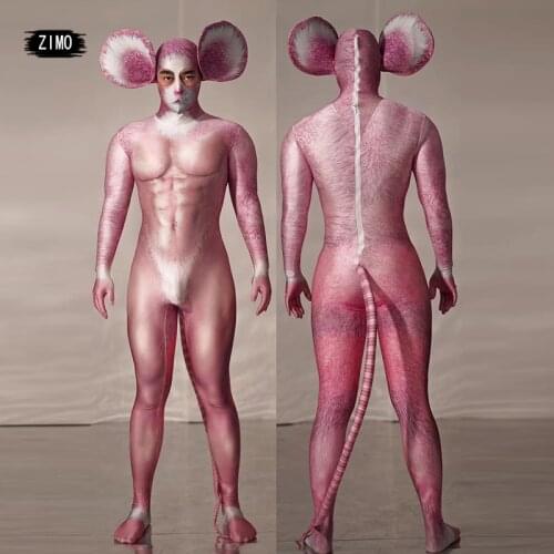Rat Role Performance Costume for man womens print Stretch Halloween one piece Jumpsuit nightclub Cosplay Pink Tights Stage Wear