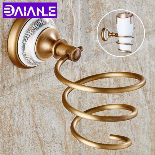 Bathroom Hair Dryer Holder Wall Mounted Rack Save Space Antique Brass Ceramic Hair Dryer Rack Bathroom Shelf Comb Rack Storage