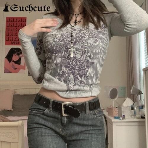SUCHCUTE Grunge Vintage Printing Clothes Women Casual Retro Crop Tops Harajuku Aesthetic Slim T-shirts Streetwear Female