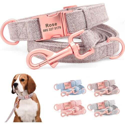 Custom Engraved Dog Collar and Leash Durable Hemp Pet ID Collars Lead Rope With Name Buckle Plate For Small Medium Large Dogs