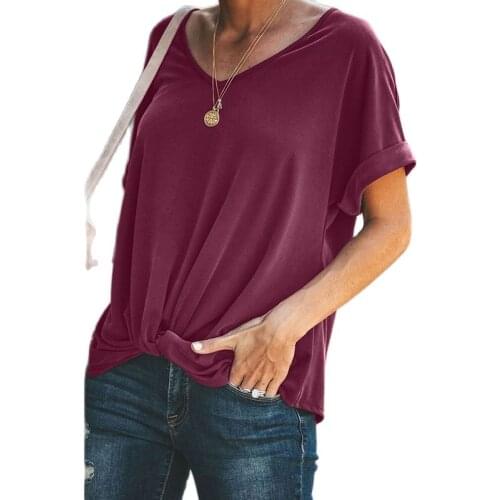 S-3XL Woman Casual O Neck Solid Color T-Shirts Summer New Fashion Loose Short-Sleeved Hem Knot Tops Lady Pullover Oversize Femme