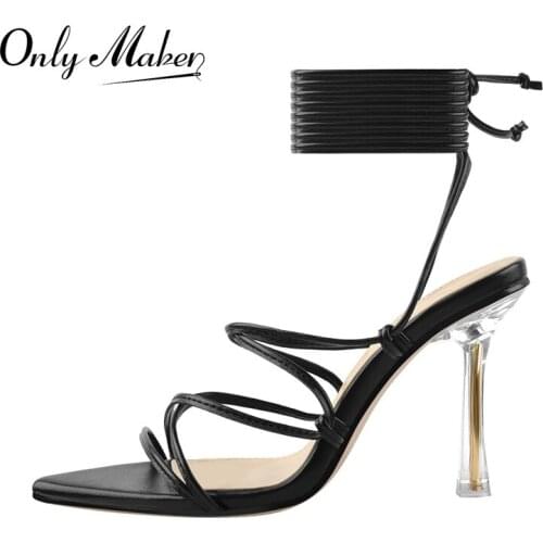 Onlymaker Summer Lace-Up Pointed Toe Sandals Clear Metal High Heel Cross Strap Matte Black Yellow White Elegant Wedding Shoe