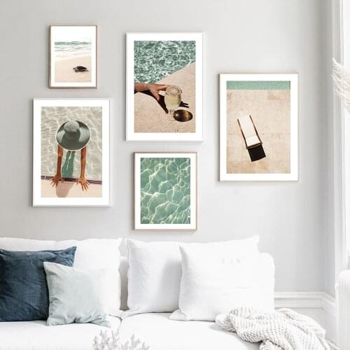 Blue Ocean and Beach Nordic Poster Turtle Wall Art Print Woman with Hat Canvas Painting Decoration Pictures for Living Room