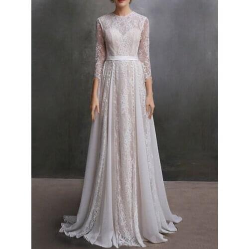 Wedding Dress With Train A-Line Long Sleeves Chiffon Jewel Neck Ivory Bridal Gowns Simple