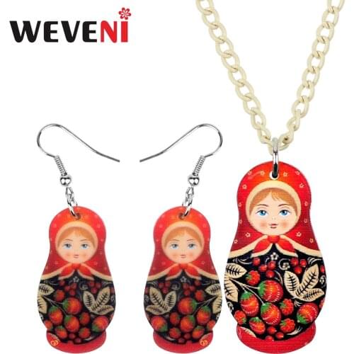 WEVENI Acrylic Jewelry Sets Red Fruit Russian Doll Necklace Earrings Drop Fashion Jewelry For Women Girls Charm Gift Summer New